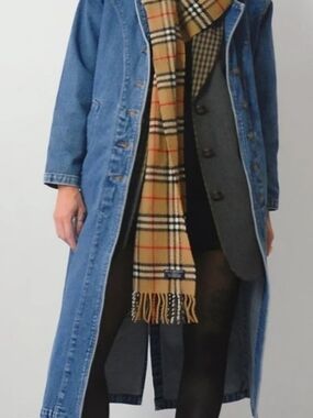 Bluberry Long Blue Denim Coat with Tan Plaid Scarf